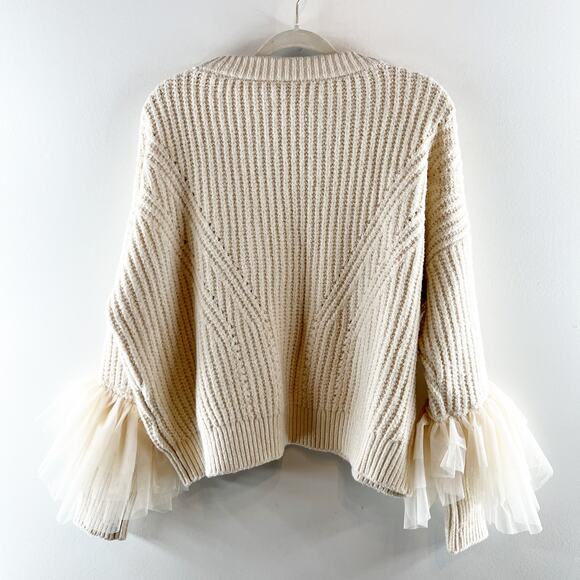 Anthropologie Tulle-Sleeve Pullover Knit Sweater Cream Medium - Picture 5 of 6